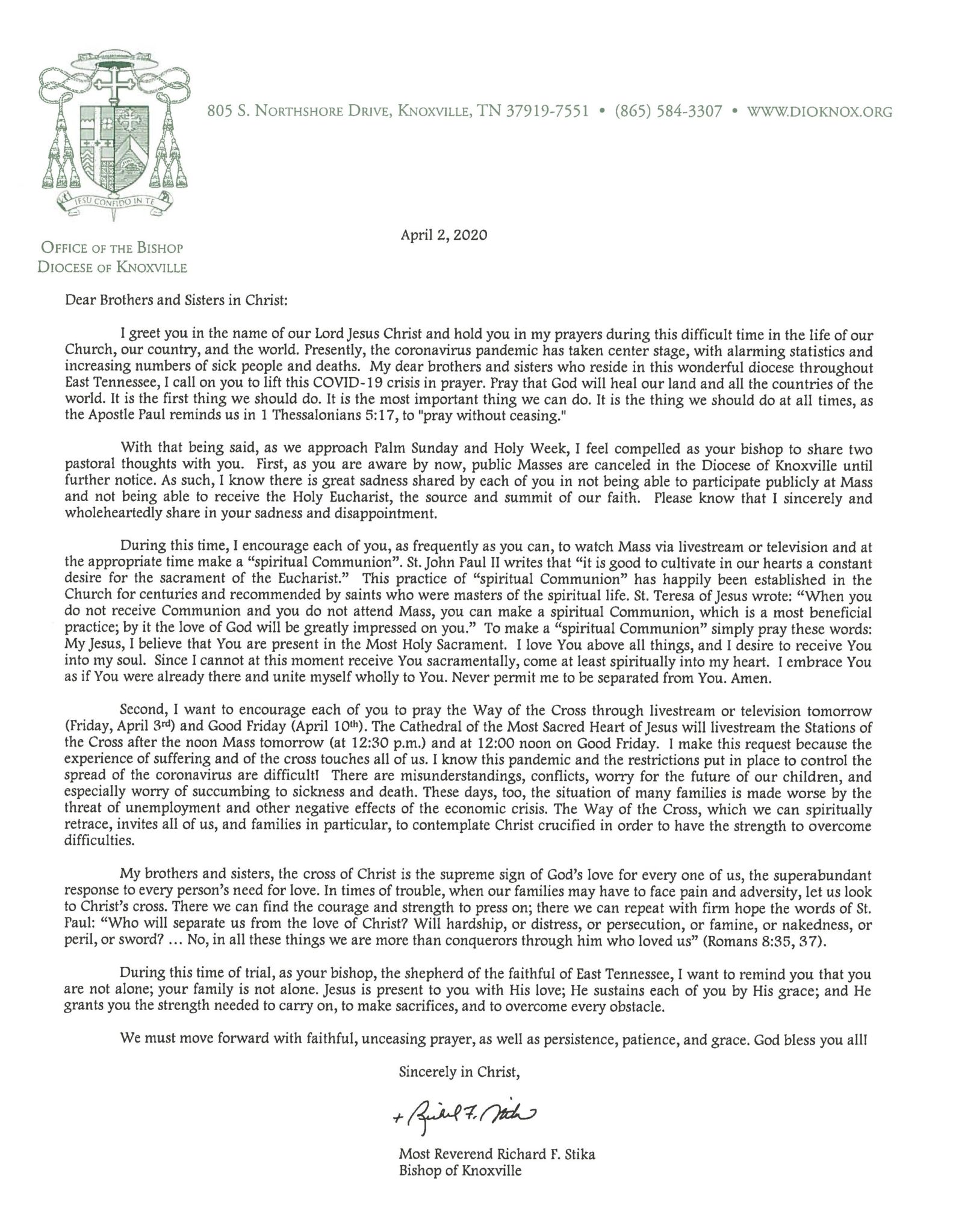 Pastoral Letter from Bishop Stika - St John Neumann Catholic Church